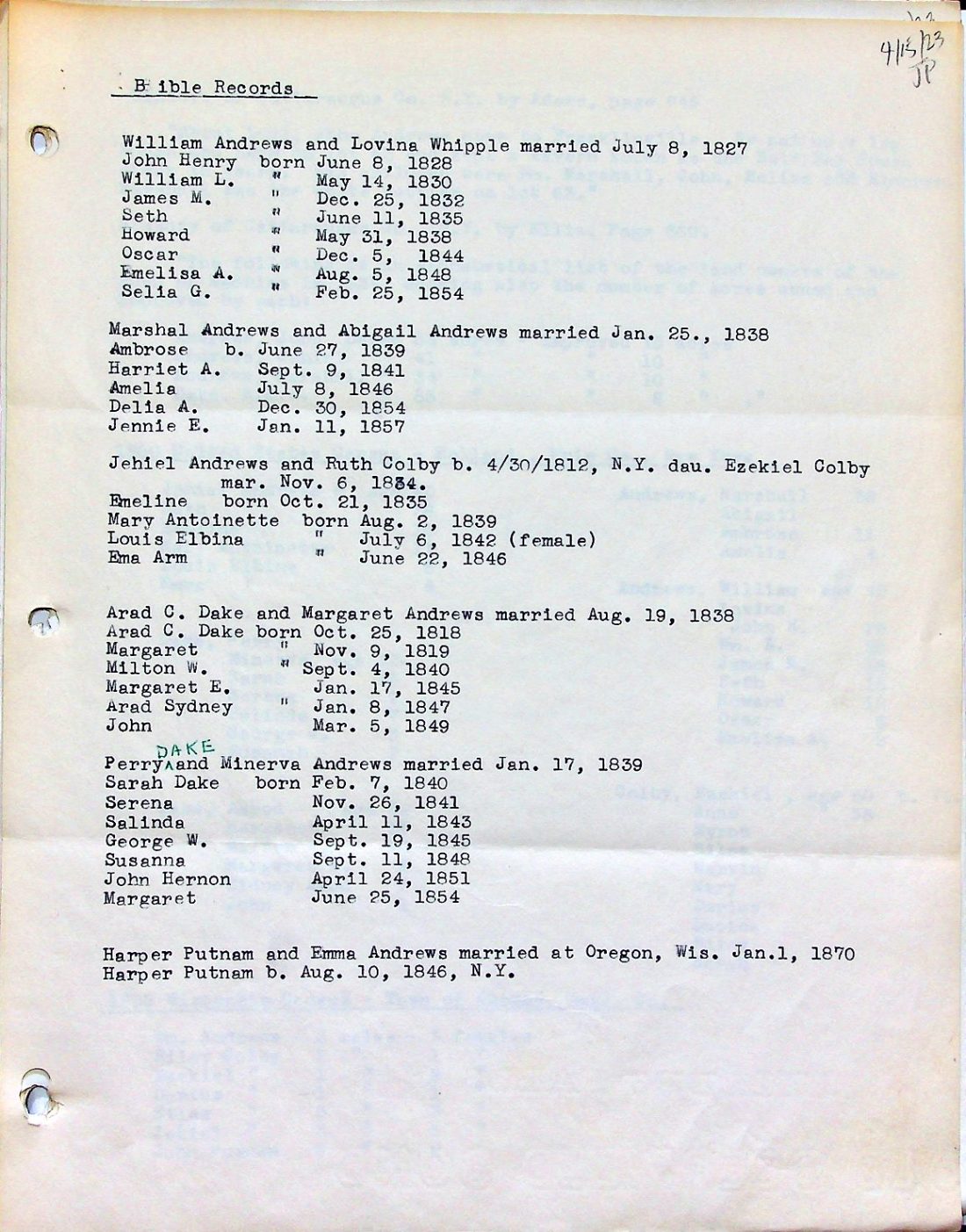 ANDREWS Bible Records WHIPPLE ANDREWS COLBY